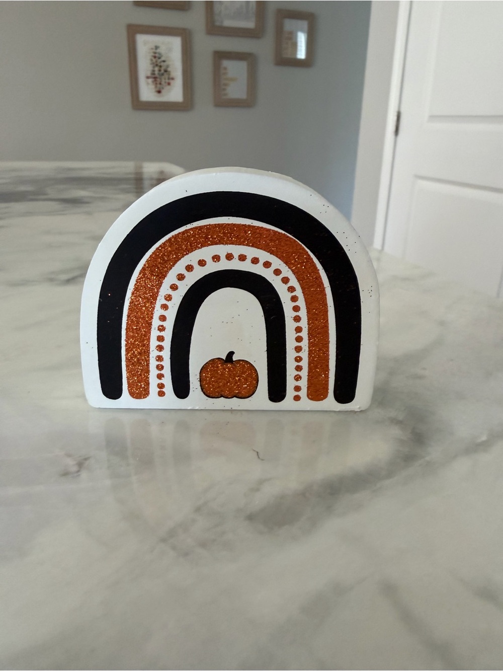 White Rainbow Halloween Decor with Orange Glitter Pumpkin